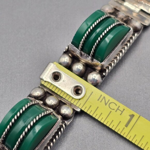 VTG RRA Mexican Sterling Silver Green Onyx Panel Link Bracelet 7" Rope Detail 40 - Picture 11 of 16